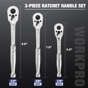 Workpro 3Piece Ratchet Set Quick Release Reversible 72Tooth 14 38 12 Drive Ratchet Wrench 5 Degree Swing Chrom