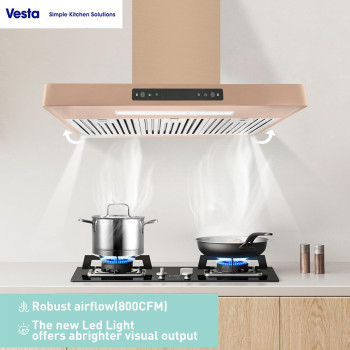 Vesta Copenhagen 800Cfm 36 Gold Stainless Steel Wall Mounted Range Hood With 6 Speeds Touchgesture Control 6 Round Vent B