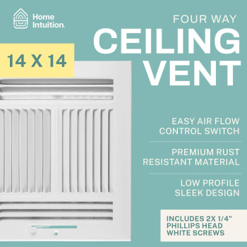 Home Intuition Ceiling Register Air Vent Covers For Home Ceiling Or Wall 14X14 Inch Duct Opening 4Way White Grille Regist