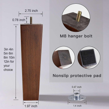 Wekis Solid Wooden Furniture Legs 4 Inch Natural Wood Mid Century Brown Square Legs Furniture Replacements Feet For Couch Legs