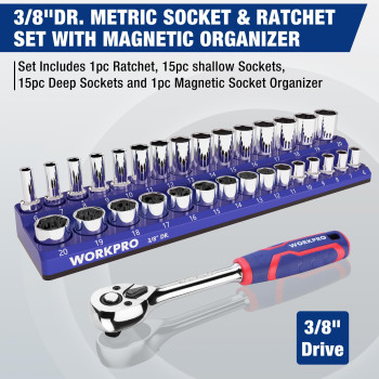 Workpro 32Piece 38Inch Drive Metric Sockets And Ratchetincluding 30 Metric Deep And Shallow Sockets 620Mm With Magnetic Or