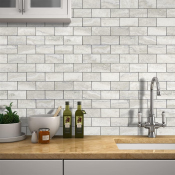 Stickgoo 10Sheet Subway Tile Cream Peel And Stick Backsplash Beige Stone Texture With Grey Grout Kitchen Backsplash Wall Tile