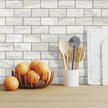 Stickgoo 10Sheet Subway Tile Cream Peel And Stick Backsplash Beige Stone Texture With Grey Grout Kitchen Backsplash Wall Tile