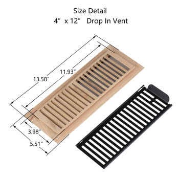 Hardwood Red Oak Floor Register Drop In Vent Cover 4X12 Inch With Damper Unfinished