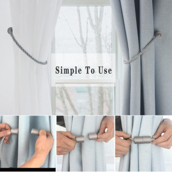 Hangtty Magnetic Curtain Tiebacks 4 Pack Grey Curtain Rope Tieback Curtain Holders For Drapes Modern Tie Backs Decorative Curtai