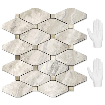 Stickgoo 10 Sheets Peel And Stick Backsplash Beige Marble Look Stick On Mosaic Tiles Matte Pvc Mixed Metal Gold Self Adhesive