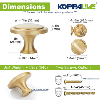 Koppalive 5Pack Solid Brass Cabinet Knobs Round Gold Knobs For Dresser Drawers Brushed Brass Dresser Drawer Pulls Handles Ha