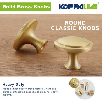 Koppalive 5Pack Solid Brass Cabinet Knobs Round Gold Knobs For Dresser Drawers Brushed Brass Dresser Drawer Pulls Handles Ha