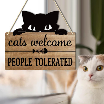 Cats Welcome People Tolerated Cat Lover Gifts For Women Cat Gift For Pet Shop Home Decor Cat Mom Pvc Hanging Cat Wall D Cor