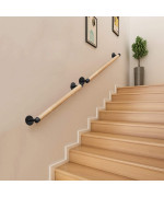 Purife 2Ft Wood Indoor Stair Railing Wood Handrail Ws Black Sturdy Metal Brackets Banister Railing For Stairs Wood Safety Gr