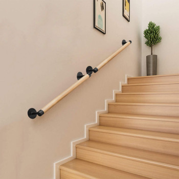 Purife 2Ft Wood Indoor Stair Railing Wood Handrail Ws Black Sturdy Metal Brackets Banister Railing For Stairs Wood Safety Gr