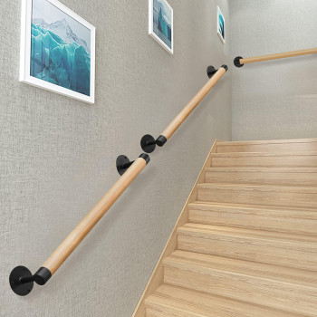 Purife 2Ft Wood Indoor Stair Railing Wood Handrail Ws Black Sturdy Metal Brackets Banister Railing For Stairs Wood Safety Gr