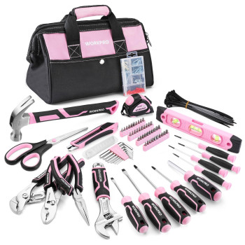 Workpro Pink Tool Set 277 Pcs Apartment Essentials Hand Tool Bag Set With 13Inch Wide Mouth Open Storage Bag Portable Home To