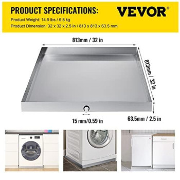 Vevor 32 X 32 X 25 Inch Washing Machine Pan 18 Ga Thickness 304 Stainless Steel Heavy Duty Compact Washer Drip Tray With Drain