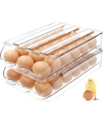 Liuwat Egg Container For Refrigerator Automatically Rolling Egg Holder For Fridge With Lid Stackable Portable Egg Tray Bin Or