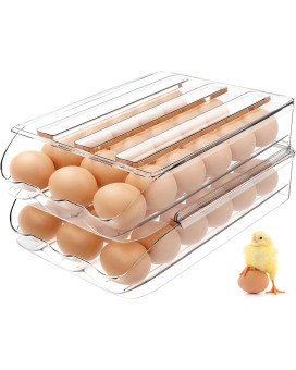 Liuwat Egg Container For Refrigerator Automatically Rolling Egg Holder For Fridge With Lid Stackable Portable Egg Tray Bin Or