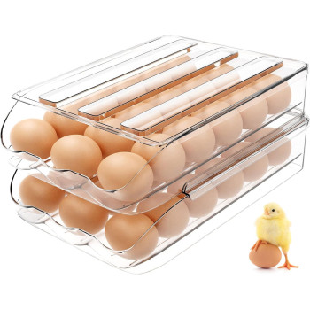 Liuwat Egg Container For Refrigerator Automatically Rolling Egg Holder For Fridge With Lid Stackable Portable Egg Tray Bin Or