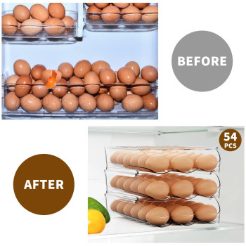 Liuwat Egg Container For Refrigerator Automatically Rolling Egg Holder For Fridge With Lid Stackable Portable Egg Tray Bin Or