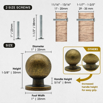 Furfitt 10 Pack Antique Brass Cabinet Knobs 1 Inch25Mm Diameter Zinc Alloy Vintage Ball Knobs Drawer Dresser Rerto Kitchen Cupb