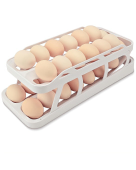 Hahome Egg Holder For Fridge Egg Dispenser For Refrigerator Automatic Egg Rolling Holder Double Rows Rolling Egg Storage With