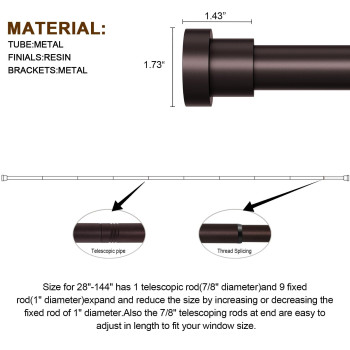 Briofox Bronze Curtain Rods For Windows 66 To 120 Inch 1 Inch Heavy Duty Adjustable Curtain Rod With Modern Decorative End Cap