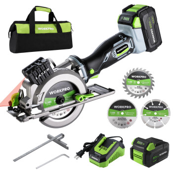 Workpro 20V Cordless Mini Circular Saw 412 Compact Wireless Circular Saw 40Ah Battery Fast Charger 3 Saw Blades 4500Rpm