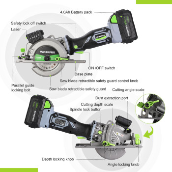 Workpro 20V Cordless Mini Circular Saw 412 Compact Wireless Circular Saw 40Ah Battery Fast Charger 3 Saw Blades 4500Rpm