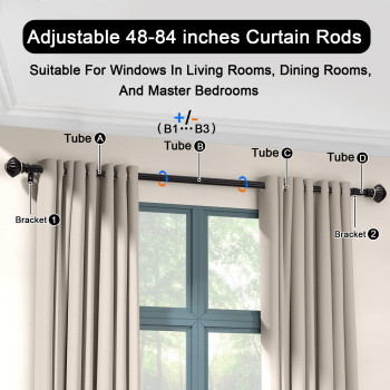 Box Space Curtain Rods For Windows 48 To 84 Inches 1 Inch Diameter Adjustable Length Black Curtain Rod For Bedroom Living Room