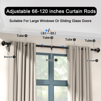 Box Space Curtain Rods For Windows 66 To 120 Inches 1 Inch Diameter Adjustable Length Black Curtain Rod For Bedroom Living Room