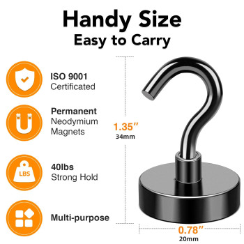 Mikede Magnetic Hooks 40Lbs Strong Neodymium Black Magnet Hook For Hanging Heavy Duty Magnetic Hooks Classroom Must Have Magn