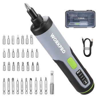 Workpro 4V Electric Screwdriver Rechargeable Cordless Screwdriver Set With 35 Bits Extension Rod Usb Charging Cable In Carryi