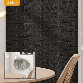 Art3D 30 Pcs 3D Peel And Stick Foam Brick Wall Panels Black