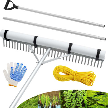 Pvniefc Floating Lake Rake 36 Aluminum All Purpose Lake And Landscape Rake With 11 Extension Handle And 52 Rope Weed Alg