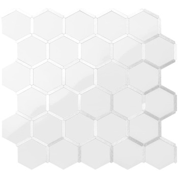 Dicofun 10Sheet Hexagon Peel And Stick Backsplash Tile Polished White Tile Look Mixed Silver Kitchen Backsplash Peel And Stick