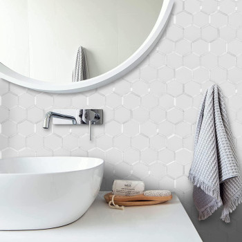 Dicofun 10Sheet Hexagon Peel And Stick Backsplash Tile Polished White Tile Look Mixed Silver Kitchen Backsplash Peel And Stick