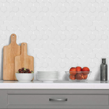 Dicofun 10Sheet Hexagon Peel And Stick Backsplash Tile Polished White Tile Look Mixed Silver Kitchen Backsplash Peel And Stick