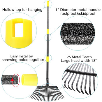 Collapsible Rake For Leaves 3061 Inch Metal Leaf Rakes For Lawns Heavy Duty Extended Handle 25 Tines 18 Wide Rake Garden To