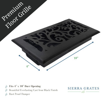 Sierra Grates 4 X 10 Floral Design Floor Register In Cast Iron Black Finish Vent Covers For Home Floor Decorative Air Vent