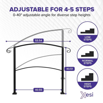 Xesi 45 Step Handrails For Outdoor Steps With Installation Kit Durable Wrought Iron Railing Versatile Curved Handrails For