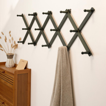 Skoloo Accordion Wall Hanger Modern Expandable Coat Rack Wall Mounted Solid Wooden Wall Hat Rack 14 Peg Dark Walnut