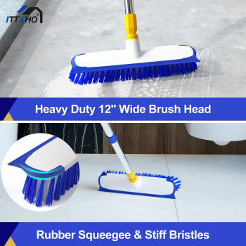 Ittaho 12 Wide Floor Scrub Brush And Grout Brush Set With Long Handle Extendable Stiff Bristle Heavy Duty Floor Grout Cleaner