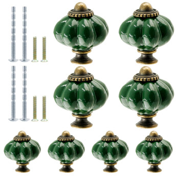 Suiwotin 8Pcs Ceramic Pumpkin Knobs Dark Green Ceramic Cabinet Knobs Vintage Dresser Knobs Retro Knobs Decorative Drawer Knobs