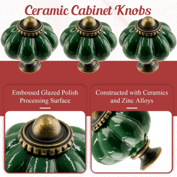 Suiwotin 8Pcs Ceramic Pumpkin Knobs Dark Green Ceramic Cabinet Knobs Vintage Dresser Knobs Retro Knobs Decorative Drawer Knobs