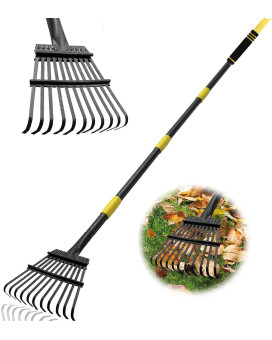 Coopvivi Garden Leaf Rakes 6Ft Rakes For Lawns Heavy Duty 11 Metal Tines 9 Inch Wide Adjustable Long Steel Handle Small Shrub