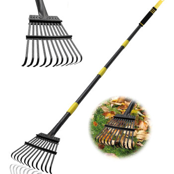 Coopvivi Garden Leaf Rakes 6Ft Rakes For Lawns Heavy Duty 11 Metal Tines 9 Inch Wide Adjustable Long Steel Handle Small Shrub