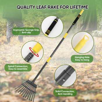 Coopvivi Garden Leaf Rakes 6Ft Rakes For Lawns Heavy Duty 11 Metal Tines 9 Inch Wide Adjustable Long Steel Handle Small Shrub