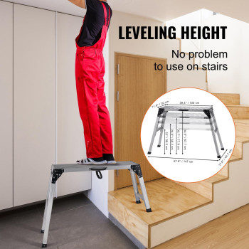 Vevor Folding Work Platform Height Adjustable 40X12X2335 Inch Aluminum Drywall Stool Ladder 330 Lbs Load Nonslip Work Ben