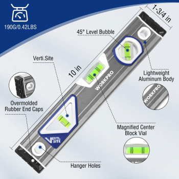 Workpro 10 Inch Torpedo Level Small Leveler Tool With 3 Different Bubbles 4590180 Bubble Level With Shock Absorbing End Caps