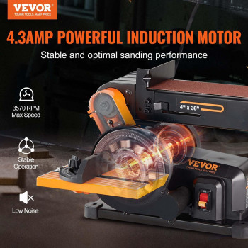 Vevor Belt Sander 6In Disc Sander And 4X36 In Belt Sander Combo With 43A Induction Motor Powerful Woodworking Sander With B