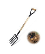 Forcolid Garden Fork 4Tine Spading Digging Fork Pitch Fork45Inch Forged Steel Ygrip Wood Handel